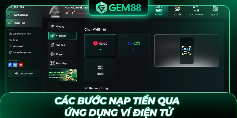 Các bước nạp tiền qua ứng dụng ví điện tử